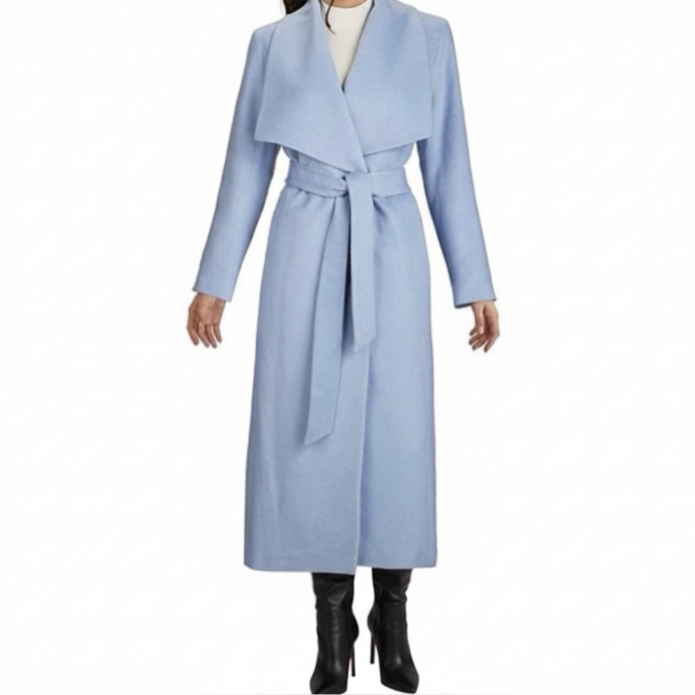 COLE HAAN Wool Long Coat Sz 4 NWT Wrap Belted Ice Blue